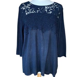 J Jill Linen Blend Sweater Lace Yoke Blue Cottage Coastal Grandma Feminine-1X